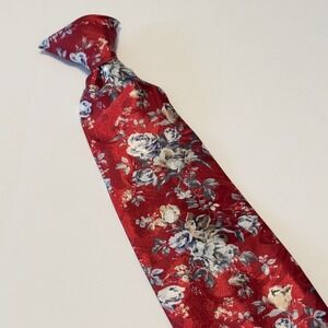 The Men's Store Clip-On Tie Red Floral Satin Vintage Botanical Formal 19x3.5"